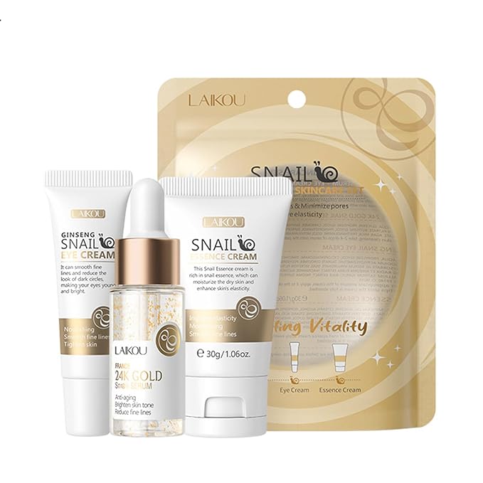 Snail Mucin Skin Care Set,Gold Snail Serum,Ginseng Snail Eye Cream,Snail Essence Cream 3 in 1 Essentials Travel,Improve Damaged Skin Lmproves Elasticity and Minimizes Pores(3pcs)