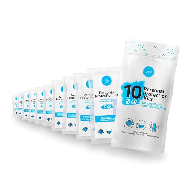 All-in-One Personal Protection Kits to GO - 10 Pack - With Plastic Gloves, Hand Cleansing Wipes, Disposable Face Mask