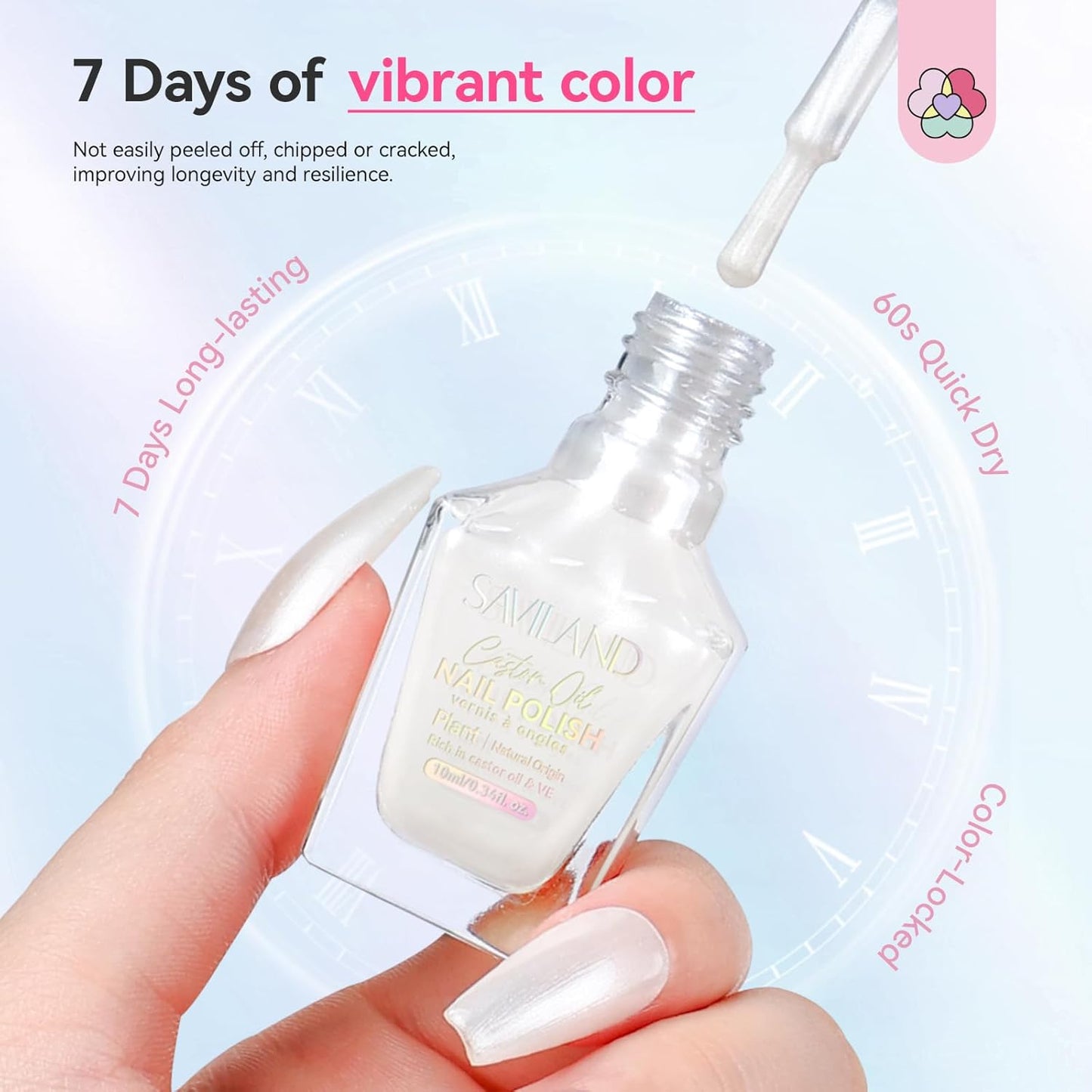 SAVILAND Color Artistry Pearl White Nail Polish - 7 Days Shimmer Aurora Finish Fingernail Polish, Ultra Quick -Dry & Long-Lasting Glossy Toe Nail Lacquer for Salon Manicures & Pedicures DIY Nail Art