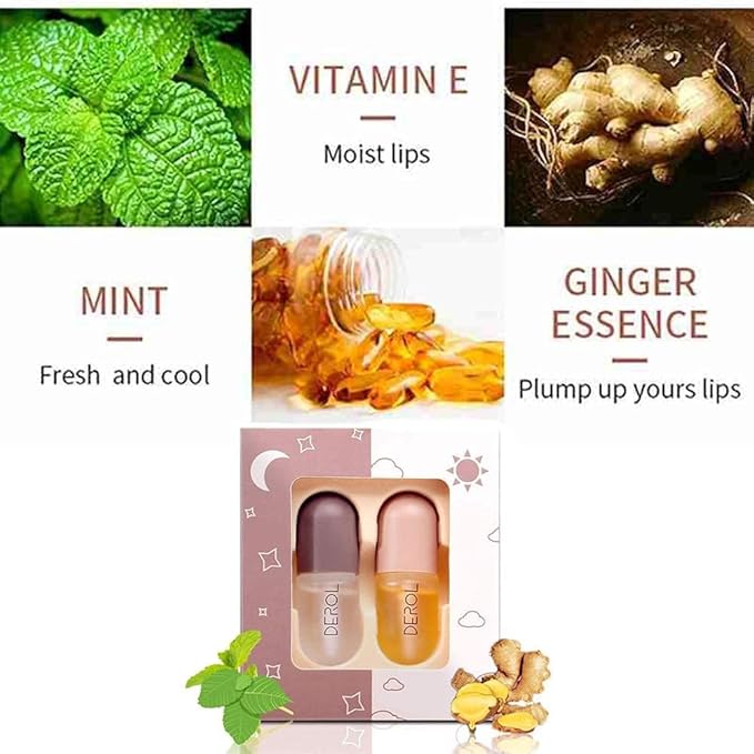 DEROL Lip Plumper by Vafee, Natural Lip Plumper and Lip Care Serum, Lip Enhancer for Fuller, Lip Mask, Beautiful Fuller, Hydrating & Reduce Fine Lines 5.5ML (Day& Night)