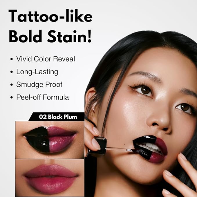 MILKTOUCH Black Peel Off Lip Tattoo - Long-Lasting Matte Lip, Waterproof & Transfer-Proof, Highly Pigmented, Stay-On-All-Day Lip Tint Stain (4.5g) #02 Black Plum