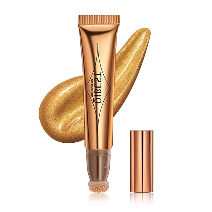 Highlighter Beauty Wand, Cream Liquid Highlighter Makeup Stick, Silky Smooth Face Shimmer Bronzer Stick with Cushion Applicator, Lightweight Body Face Glowing Highlighter, Cruelty-free（Bronze Gold）