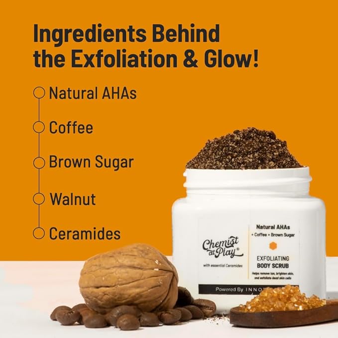 Exfoliating Body Scrub For Removing Tan & Dead Skin Cells | Rough & Bumpy Skin, Tanned & Pigmented Skin | For Smooth, Soft & Bright Skin | Natural AHAs | Coffee 2.6 fl oz.