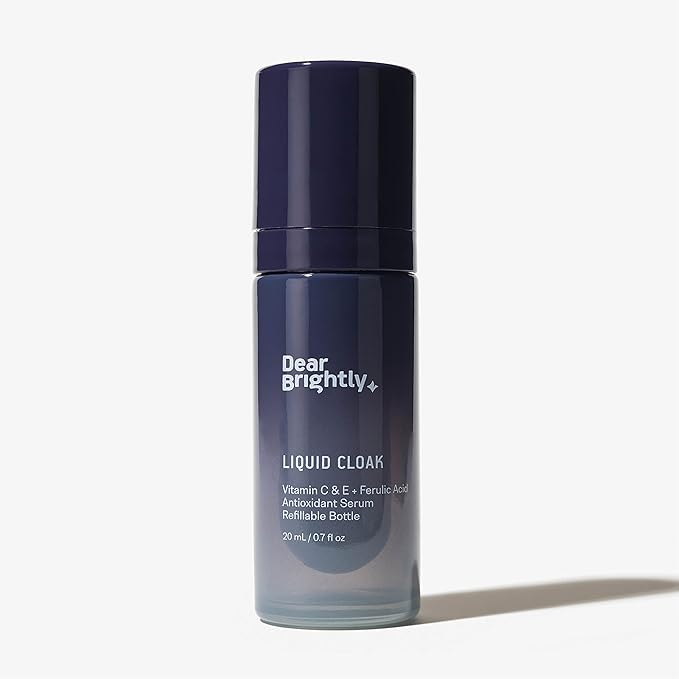 Vitamin C Serum with Ferulic Acid and Vitamin E for Glowing Radiant Skin by Dear Brightly, Liquid Cloak Facial Serum for Sensitive Skin, Refillable Glass Bottle, 0.7 fl oz