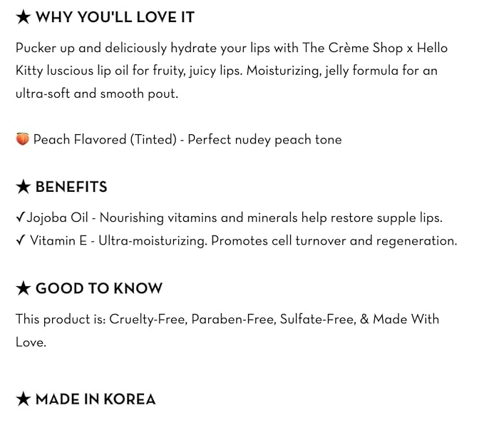 The Crème Shop x Hello Kitty Kawaii Kiss Hydrating, Rejuvenating Lip Oil with Nourishing Jojoba, Vitamin E & Luxurious Jelly Formula - Peach-Flavored (Tinted)