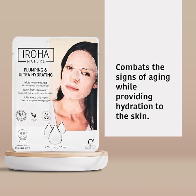 IROHA NATURE Replumping & Anti-Aging Tissue Face Mask (Pack of 5) | With Triple Hyaluronic Acid | Deep Hydration & Anti-Aging Effect | For Softer Skin | 100% Vegan