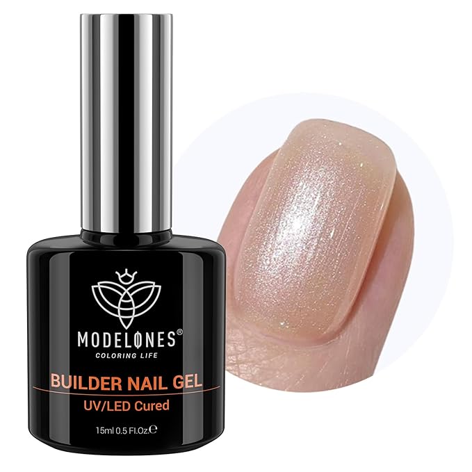 modelones Builder Nail Gel, 8-in-One Gold Shimmer Builder, Champagne Sparkle Glitter Rubber Color Base Gel Polish LED Lamp Cured, Apex Building Strengthener Extension for Home DIY Salon Girls