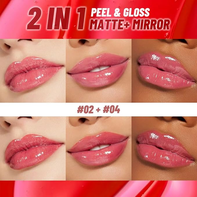 2Pcs Liquid Lip Stain Peel Off Lip liner and Lip oil with Tweezer, Dual-Ended Peel Off Lip Stain Tattoo, Highly Pigmented Long Lasting Waterproof, Transfer-proof for All Skin Types, 02#+04#