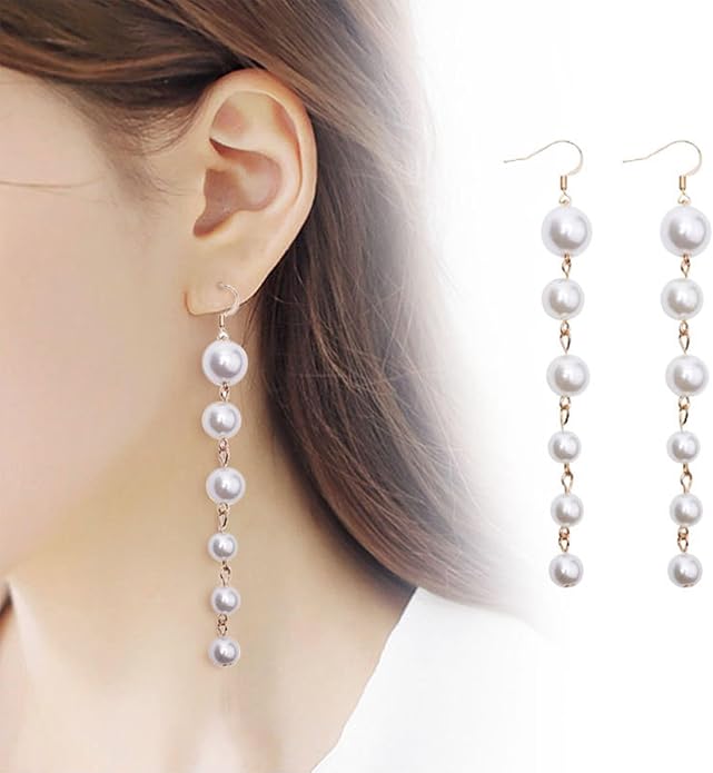 Boho Long Pearl Drop Earrings Vintage Gold Tassel Pearl Dangle Earrings Statement Pearl Chain Drop Dangle Earrings Wedding Prom Bridal Pearl Hook Earrings Jewelry for Women