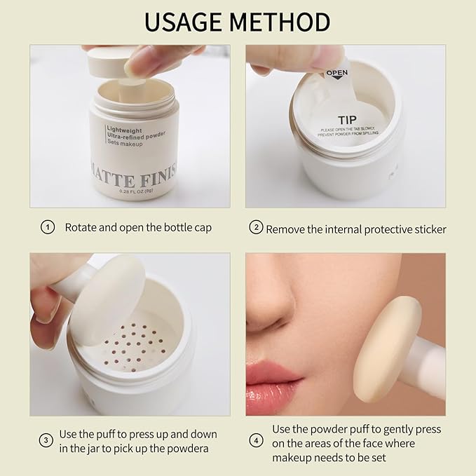 Erinde White Translucent Matte Setting Powder with Puff, Face Loose powder Makeup, Oil Control Finishing Powder, Lightweight Blurring Powder, Waterproof, 24H Long-Lasting, Creates Soft Focus Effect