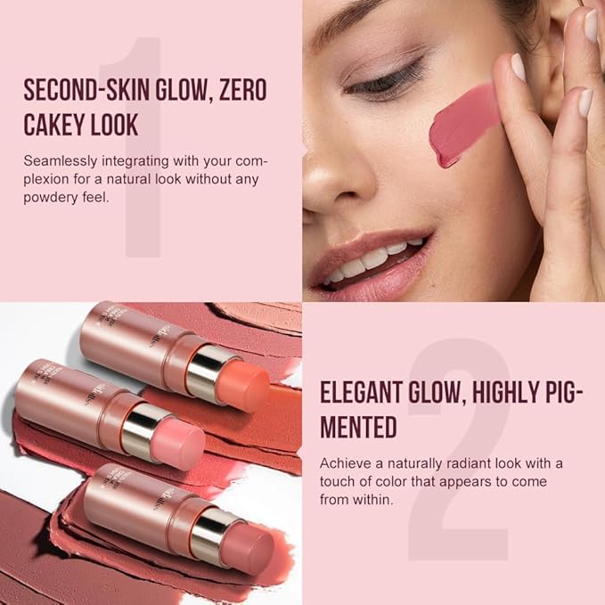 Multi-Use Makeup Cream Blush Stick, Unidollss 3-in-1 Buildable Blush Stick for Cheeks, Eyes, and Lips, Hydrating formula, All day wear, Easy Application with Thumb Puff Included (03 PALPITATING)