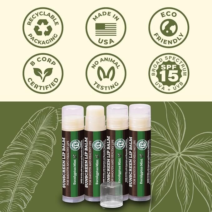 SPF Lip Balm 4-Pack by Earth's Daughter - Lip Sunscreen, SPF 15, Organic Ingredients, Eucalyptus Mint Flavor, Beeswax, Coconut Oil, Vitamin E - Hypoallergenic, Paraben Free, Gluten Free
