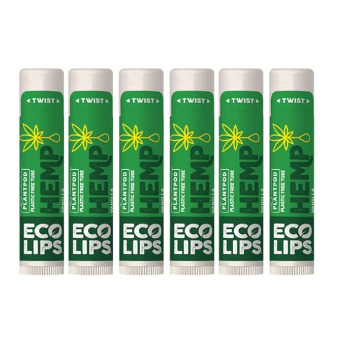 Eco Lips Organic Hemp Lip Balm with Beeswax, Coconut Oil, Vitamin E to Soothe Chapped Lips. 100% Plastic-Free Plant Pod Packaging (Vanilla, 6-Pack)