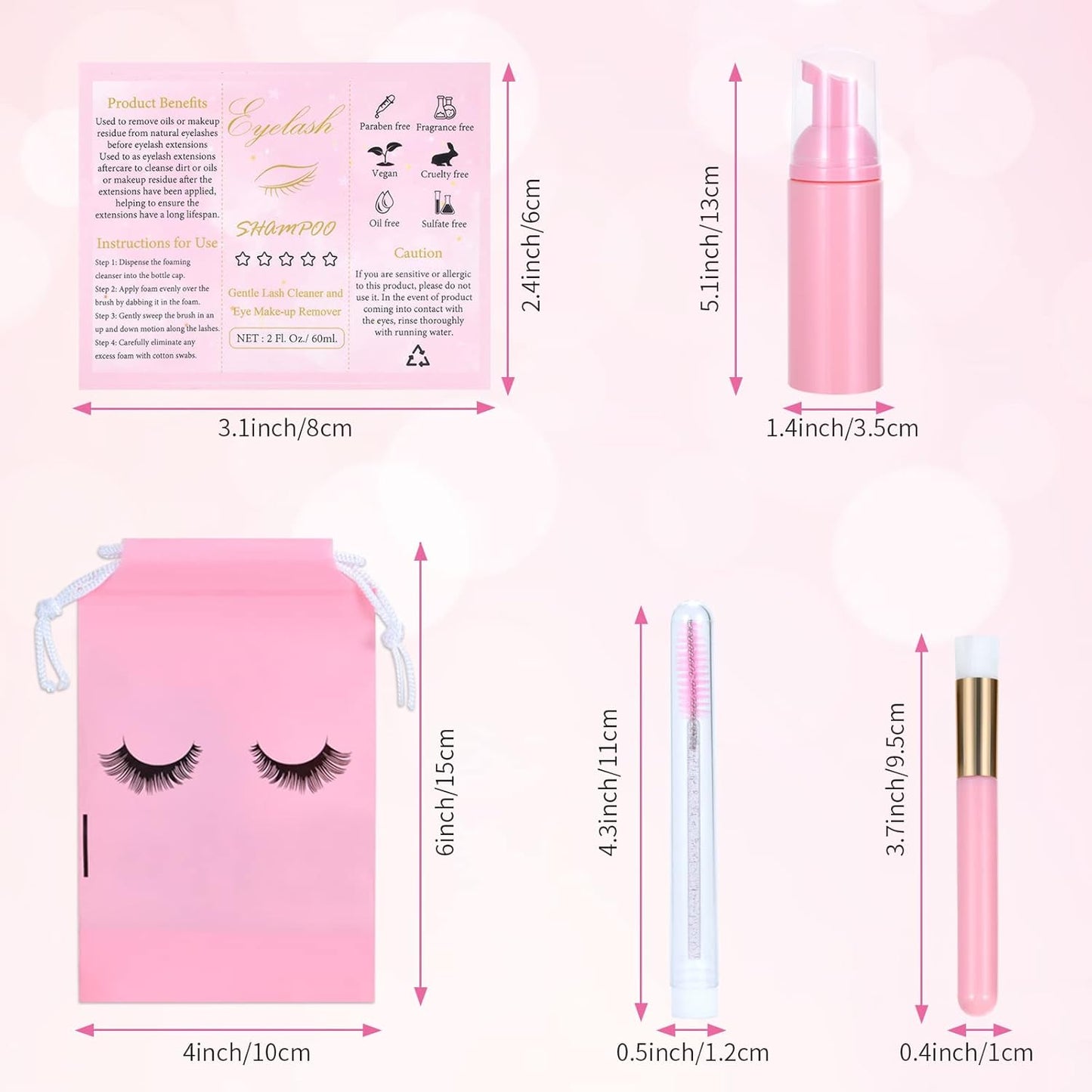 100 Pcs Lash Shampoo Bottle Brushes Set 20 Empty Foam Pump Dispensers 20 Label Stickers 20 Mascara Wands and Tubes 20 Cleansing Brush 20 Bag for Eyelash Extensions Aftercare(Pink)