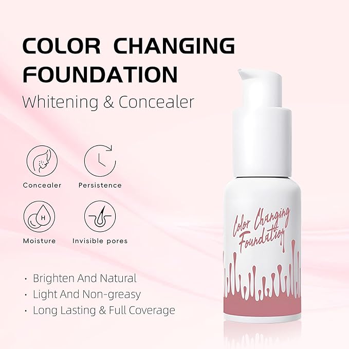 Color Changing Foundation Liquid, Skintone Matching Foundation, Full Coverage, Long Lasting, Lightweight Coverage, Oil Free and Silicon Free, Double Wear, Lightening, Sweat and Water Resistant