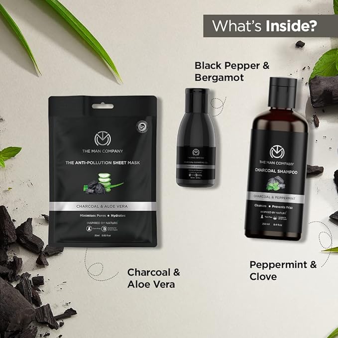 The Man Company Ultimate Charcoal Detan Kit with Elegant Gift Box | Charcoal Body wash, Shampoo, Face Scrub, Face wash, Charcoal Soap, Cleansing gel, Charcoal Sheet mask*2 (Set of 8)