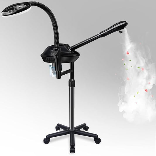 Professional Facial Steamer on Wheels, 2-in-1 Facial Steamers with 5X Magnifying Lamp, Facial Steamer for Facial Deep Cleaning, Facial Humidifier for Spa, Salon and at Home Use
