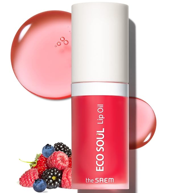 THESAEM Eco Soul Lip Oil 02 Berry - Plumping & Hydrating Lip Oil to Nourish & Moisturize Lips – Berry Extract & Rose Water - Lips Soft & Glossy for Dry Lips, 0.21 fl.oz.