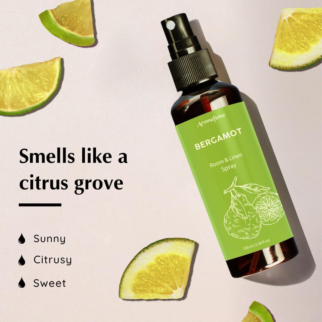 Bergamot Room, Linen & Pillow Spray by Aromafume | 100ml/3.38 fl oz | with Pure Bergamot Essential Oil | Aromatherapy Spray for Relaxation, Sleep & Stress Relief | Mist for Bedding, Fabric