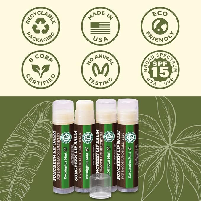 SPF Lip Balm 4-Pack by Earth's Daughter - Lip Sunscreen, SPF 15, Organic Ingredients, Eucalyptus Mint Flavor, Beeswax, Coconut Oil, Vitamin E - Hypoallergenic, Paraben Free, Gluten Free