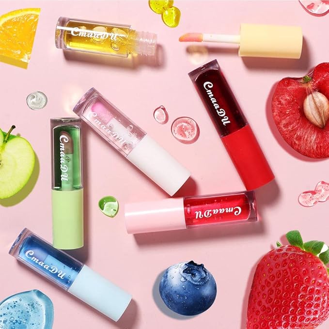 6Pcs Hydrating Lip Oil Set,Fruity Color Changing Lip Glaze Plumping Lip Glow Oil Transparent Moisturizing Tinted Lip Balm Long Lasting Nourishing Repairing for Dry Lip (A)
