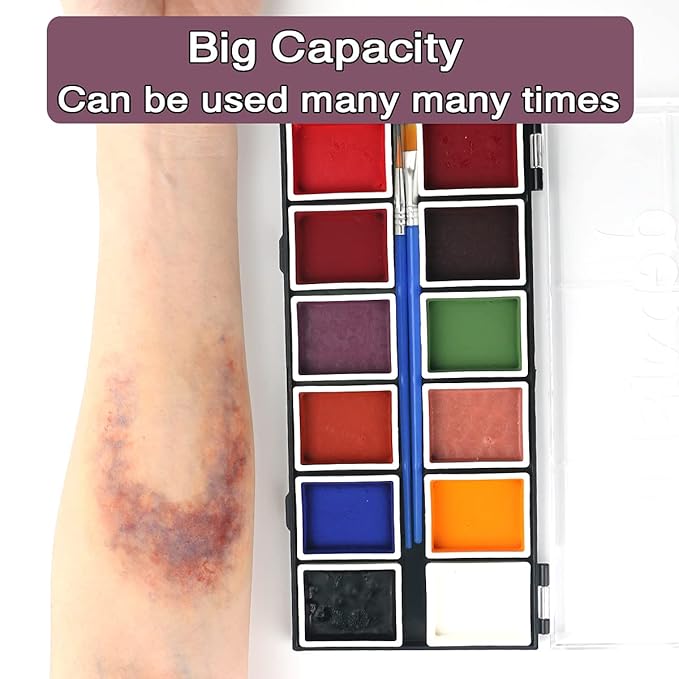 Depvision Alcohol Activated Face Paint SFX Makeup 12 color for Special Effects Wound Bruise Waterproof Professional Makeup Artist with Color Palette Sponges Brushes Skin Illustrator