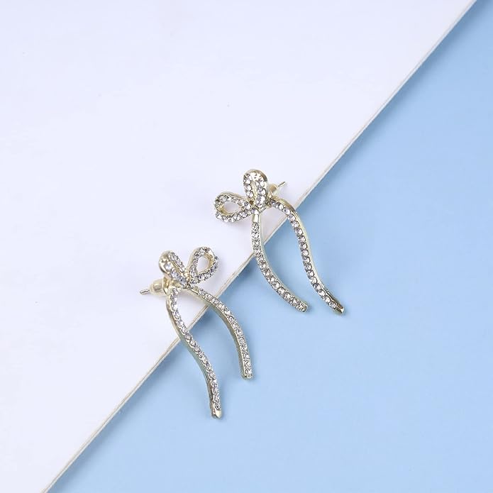 Vintage Crystal Bow Earrings Rhinestone Bow Drop Earrings Long Cz Rhinestone Earrings Gold Bow Cz Stud Earrings Jewelry for Women