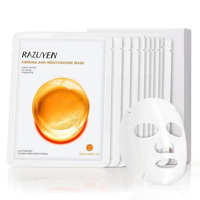 Firming and Moisturizing Sheet Face Masks ((Pack of 10)) with Hyaluronic Acid and Peptides, Reduce Fine Lines and Wrinkles, Hydrating & Anti-Aging Spa Face Mask, Facial Skin Care