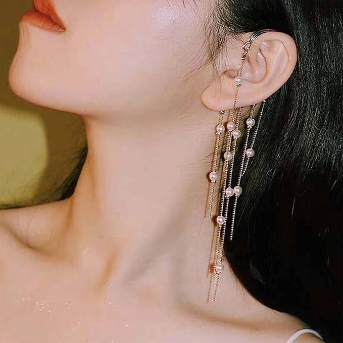 Boho Pearl Ear Wrap Earrings Gold Pearl Ear Cuff Earrings Long Drop Tassel Pearl Earrings Festival Gothic Earrings Non Piercing Ear Climber Cartilage Earrings Jewelry for Women and Girls