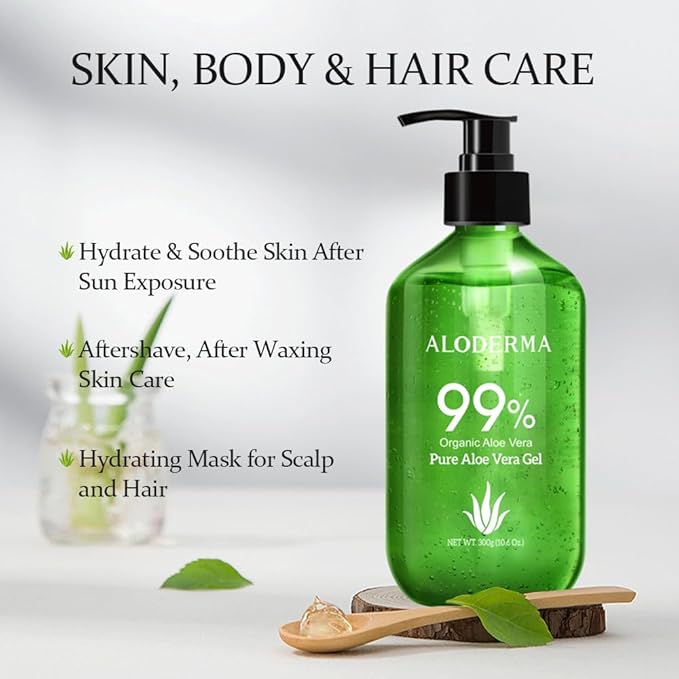 Aloderma 99% Organic Aloe Vera Gel Made within 12 Hours of Harvest - Pump Bottle - Lightweight Aloe Gel for Face and Body, Soothing and Hydrating Sunburn Relief, Great for Scalp & Hair - 6 x 10.6oz