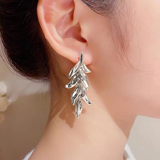 Statement Leaf Dangle Drop Earrings Vintage Silver Leaf Cluster Drop Earrings Punk Large Leaf Dangle Earrings Bridal Earring Wedding Prom Earring Jewelry for Women and Girls