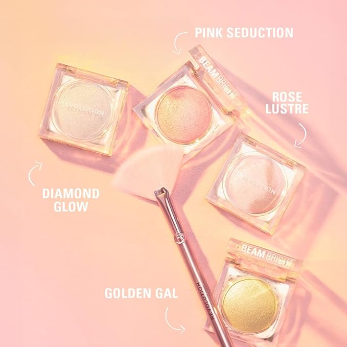 Makeup Revolution Beam Bright Highlighter, All Over Face Glow, Powder To Liquid Formula, 5 Different Shades, Pink Seduction