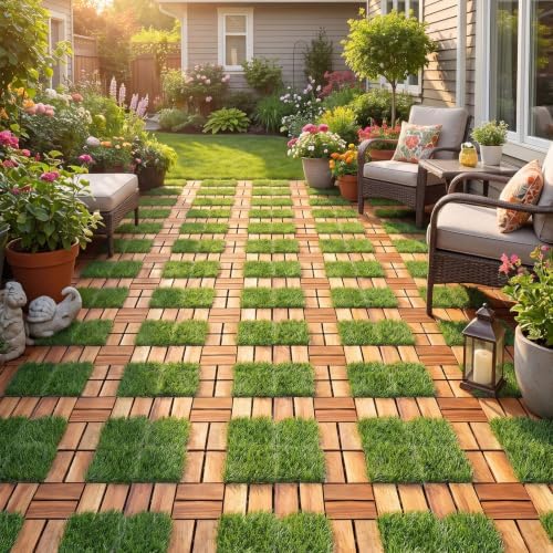 GIANTEX 30 PCS Interlocking Acacia Wood & Artificial Grass Deck Tiles - Image 2