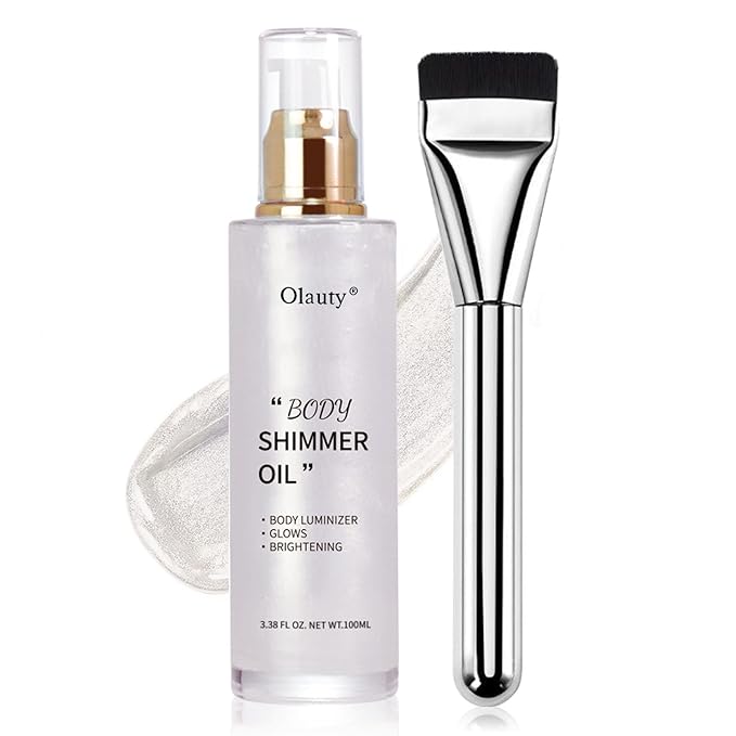 Shimmer Body Oil-Pearl White Face Brighten Glow Pearl Highlighter Liquid Illuminator Body Glow Oil,4 Color Bronze Makeup Glitter Body Shimmer Oil with Makeup Brush