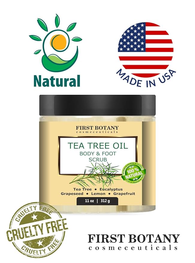 First Botany 100% Natural Tea Tree Oil Body & Foot Scrub with Salt - Best for Acne, Dandruff and Warts, Corns, Calluses, Athlete foot, Jock Itch & Body Odor