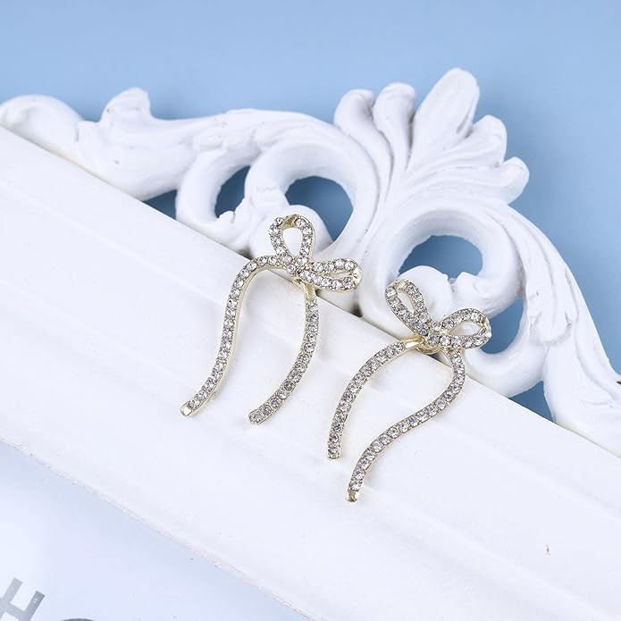 Vintage Crystal Bow Earrings Rhinestone Bow Drop Earrings Long Cz Rhinestone Earrings Gold Bow Cz Stud Earrings Jewelry for Women
