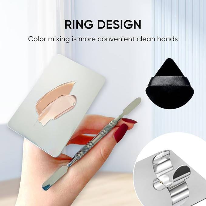 Stainless Steel Cosmetic Palette with Spatula, 3-well Mixing Makeup Palette and 3-dents Nail-art Mixer Metal Tray, also Fine Eyeliner Brush and Powder Puffs .Professional Makeup Palette with Spatula