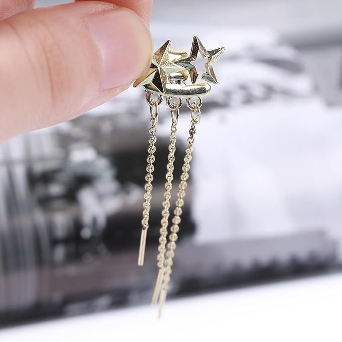Boho Star Ear Jacket Earrings Gold Thin Bar Tassel Earrings Long Drop Chain Earrings Two Way Double Sided Earrings Jewelry for Women and Girls