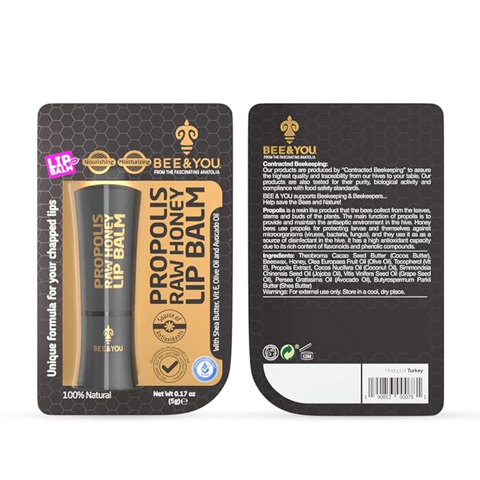 Bee and You 100% Natural Moisturizing Lip Balm, Chapstick, Chapped Lips Treatment Severe, Beeswax with Propolis Extract, Raw Honey, Vitamin E, Shea Butter, Non GMO, Gluten Free, 5g
