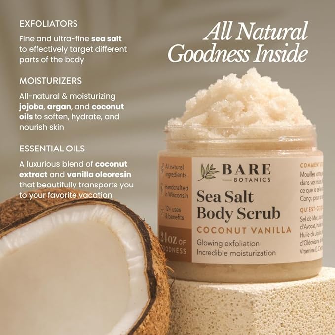 Bare Botanics Coconut Vanilla Body Scrub 24oz | Made in Madison, WI | All Natural Sea Salt Exfoliator w/ Skin Loving Moisturizers | Vegan & Cruelty Free | Gift Ready Packaging w/ a Cute Wooden Spoon