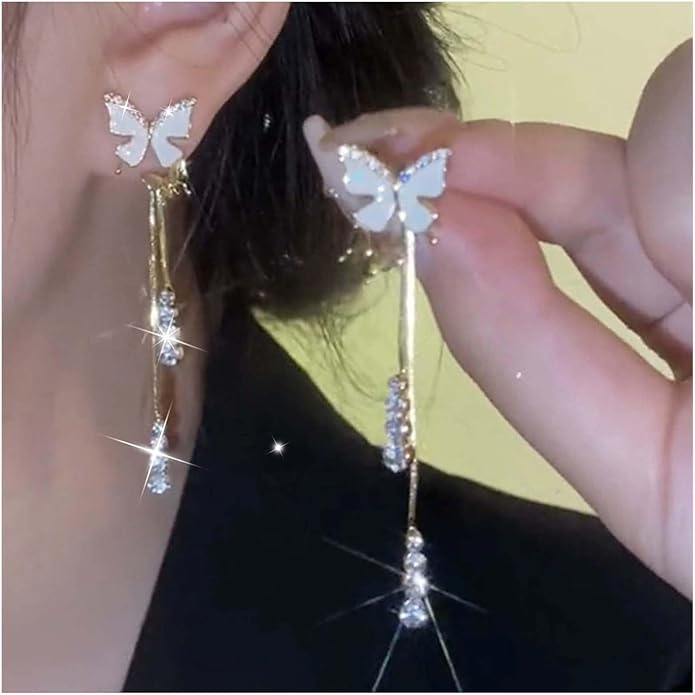 Vintage Crystal Butterfly Earrings Long Rhinestone Dangle Earrings Gold Chain Tassel Earrings Cz Butterfly Stud Earrings Jewelry for Women