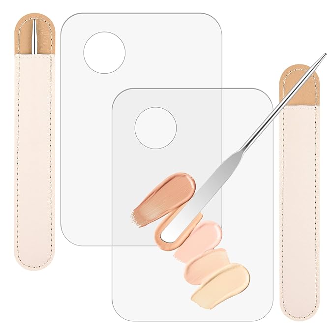 WXJ13 6 Pieces Makeup Spatula and Palette Set Including 2 Stainless Steel Makeup Spatula 2 Leather Cover 2 Makeup Mixing Palette for Eye Shadow/Eyelash/Nail Art/Foundation