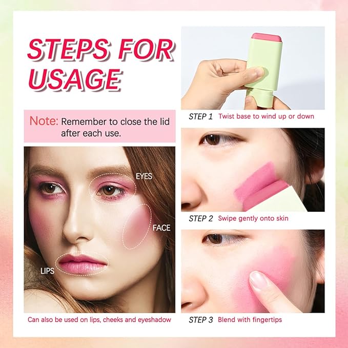 Multi-Use Makeup Blush Stick, Tinted Solid Moisturizer On-the-Go Blush, Multi-use Cream Blush Stick for Cheek & Eyes & Lips, Waterproof Natural Nude Makeup for All Skin (1# Shy Pink)