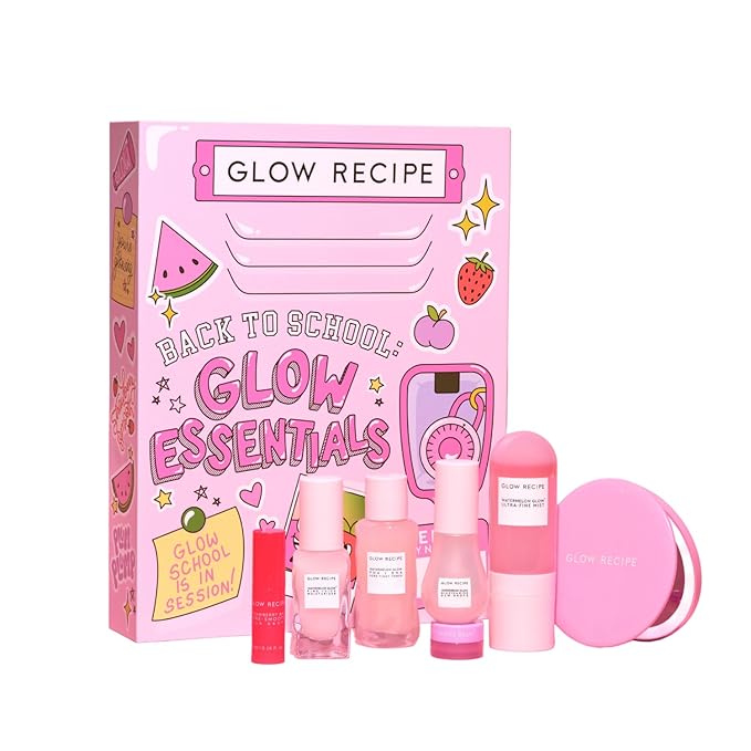 Glow Recipe Back to School Essentials Korean Skin Care Set - Watermelon Fine Mist, Dew Drops, PHA Facial Toner, Pink Juice Moisturizer, Strawberry Blur Drops, Glossy Balm & Compact Mirror (7 Count)