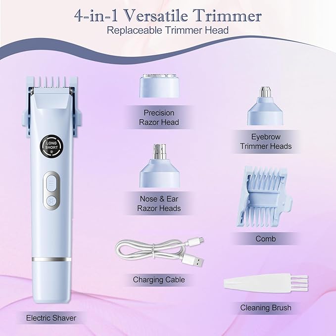 Upgrade Dermave Bikini Shaver, Dual Head 4 in 1 Bikini Trimmer for Women, IPX7 Waterproof Wet & Dry Use Electric Razor with Led Light and Display for Nose, Eyebrow, Bikini, Body (Blue)