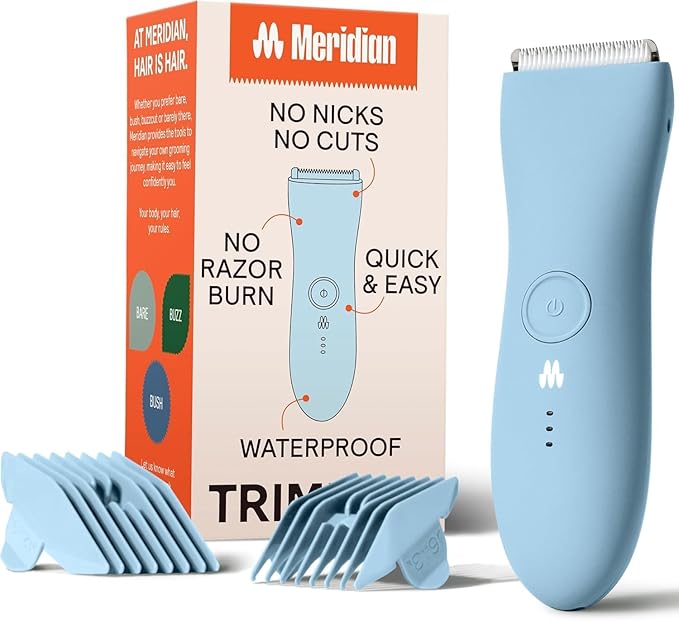 MERIDIAN The Trimmer Original - Body Hair Trimmer for Men, Electric Shaver for Pubic Hair, Chest, Legs & Bikini, Waterproof & Rechargeable, Sky