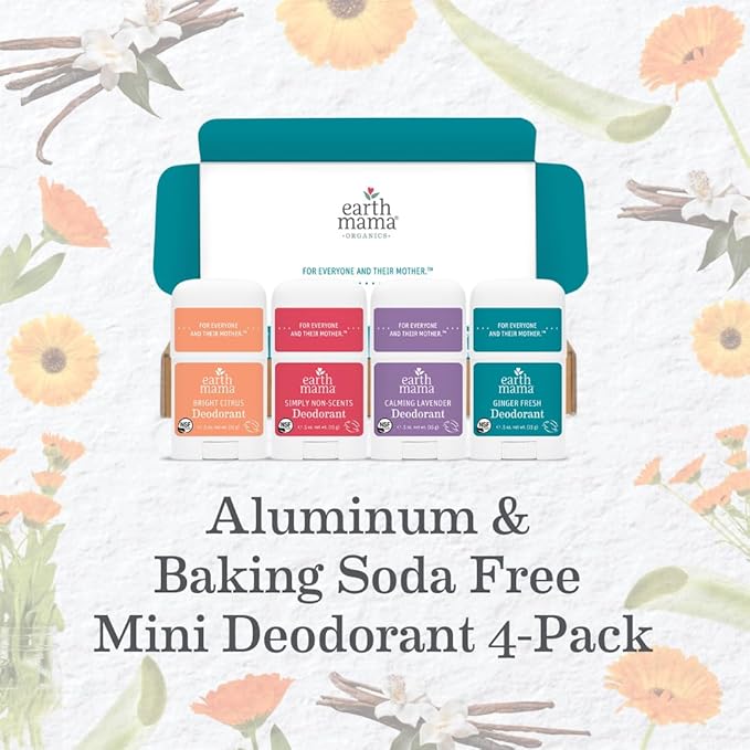 Earth Mama Mini Deodorant Travel Set | Safe for Sensitive Skin, Pregnancy and Breastfeeding, Contains Organic Calendula with No Fragrance Chemicals, No Baking Soda or Aluminum (4-Pack)