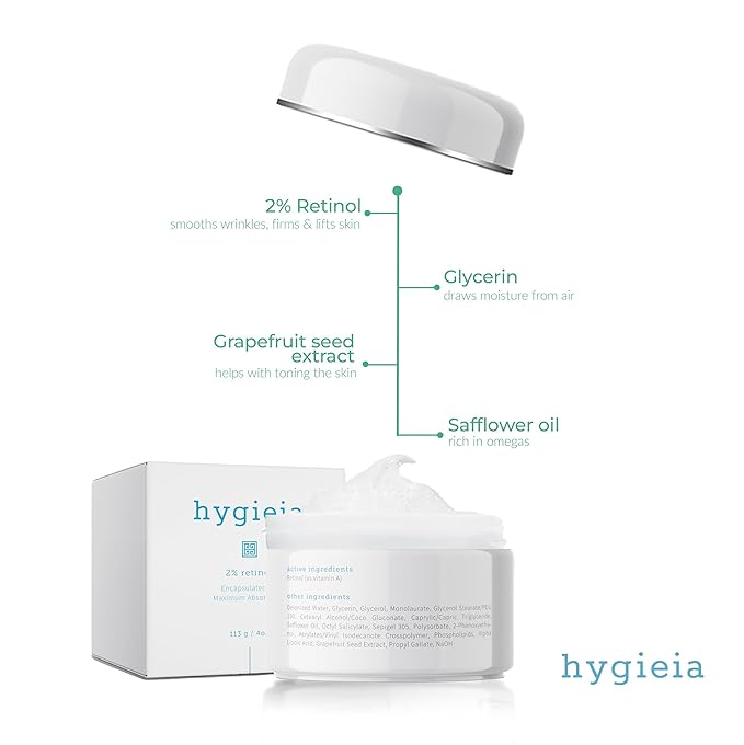 Hygieia + Encapsulated 2% Retinol Cream, 4oz – Liposomal Anti-Wrinkle Cream for Face, Neck & Body – Fast & Deep Cellular Absorption – Day or Night Cream for Firming, Lifting & Repairing Aging Skin