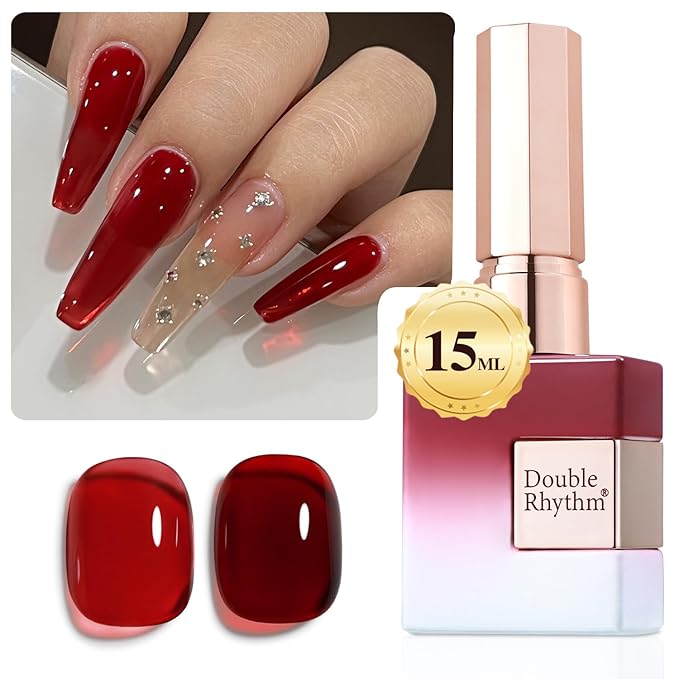 Double Rhythm 0.5Oz Jelly Gel Polish Translucent Sheer Neutral Natural Light Milky Same Color Same Bottle 15ML Nail Art DIY at Home (Blood Red-A1371)