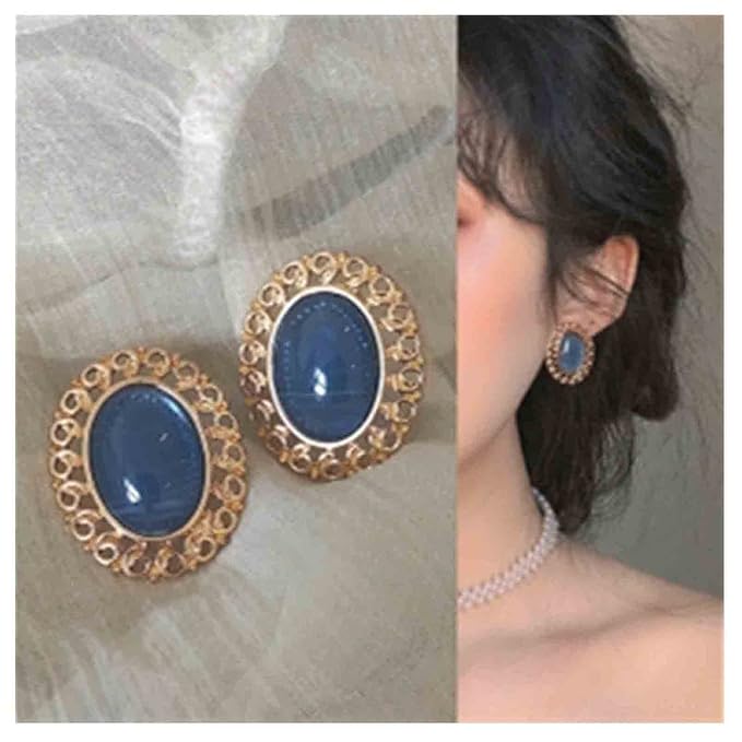 Vintage Oval Blue Gem Earrings Blue Lapis Earrings Antique Halo Oval Earrings Custom Oval Studs Earrings Jewelry for Women and Girls Gifts